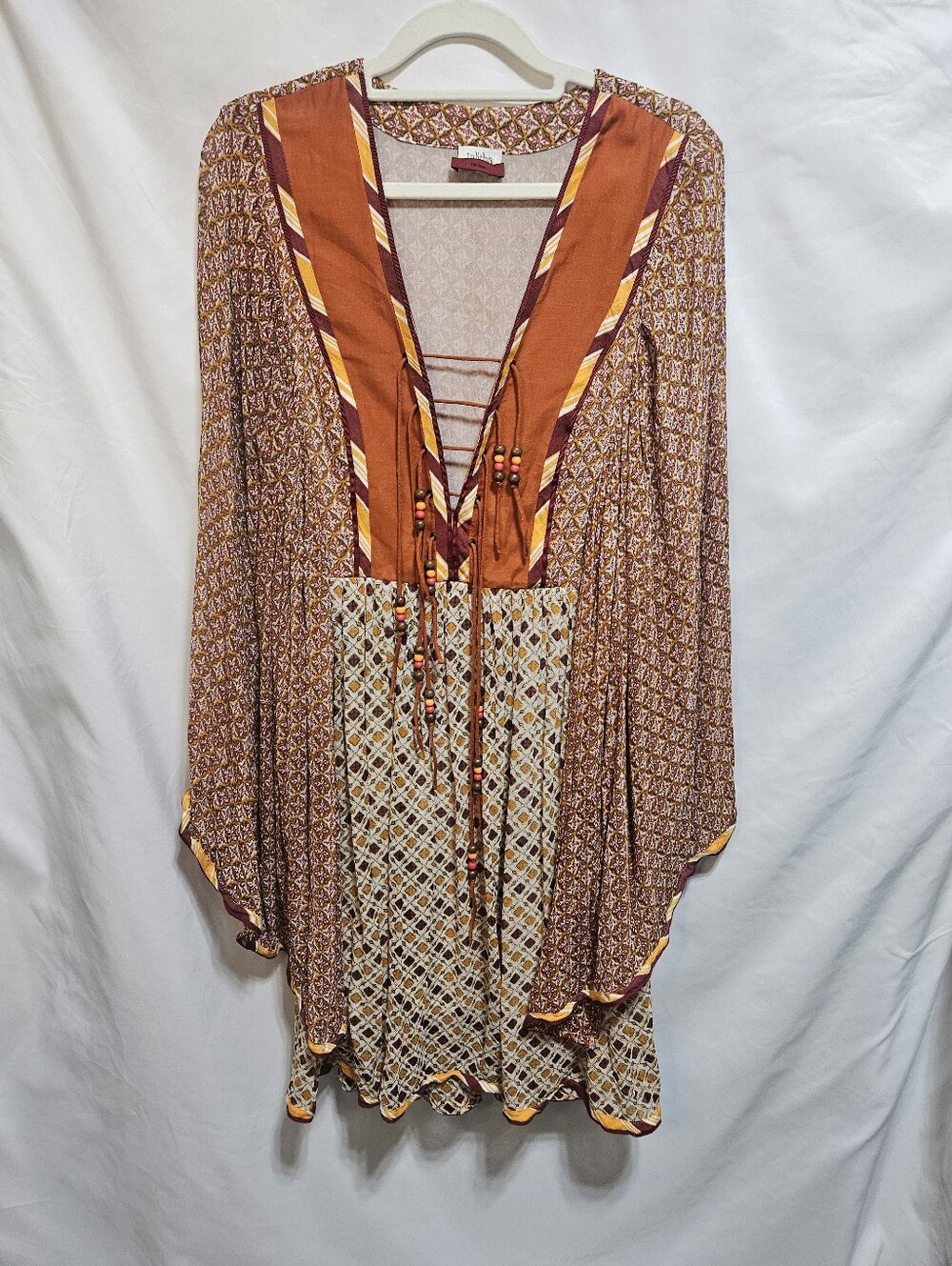 Talitha x Ikram Boho Mini Dress XS Bell Sleeve Beaded Lace Up Festival Tunic